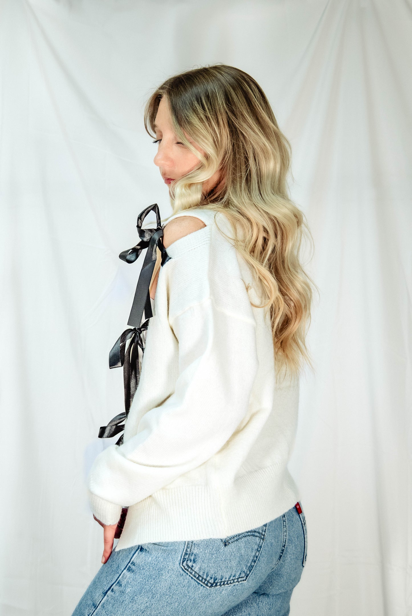Asymmetrical Coquette Bow Knit Sweater