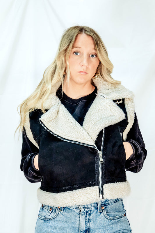 Black Suede Sherpa Vest Jacket