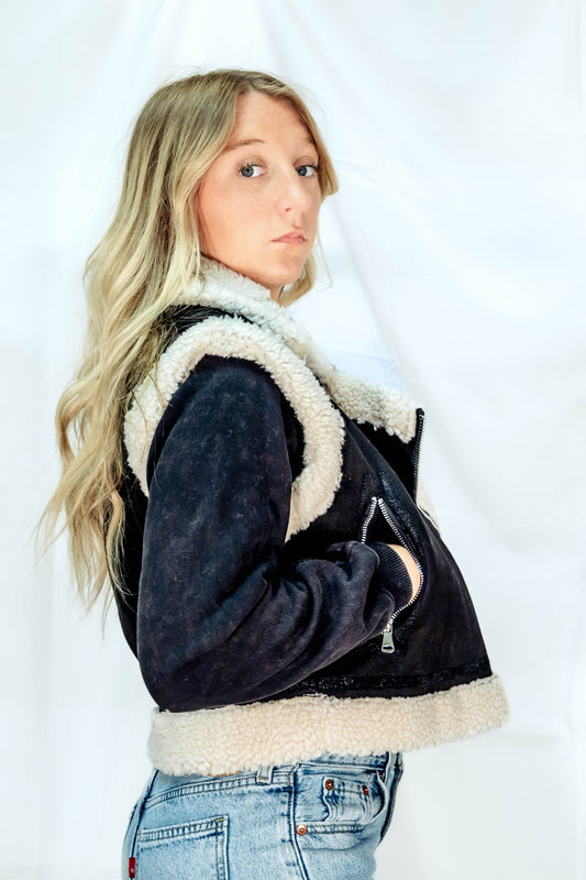 Black Suede Sherpa Vest Jacket