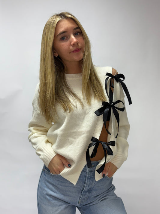 Asymmetrical Coquette Bow Knit Sweater