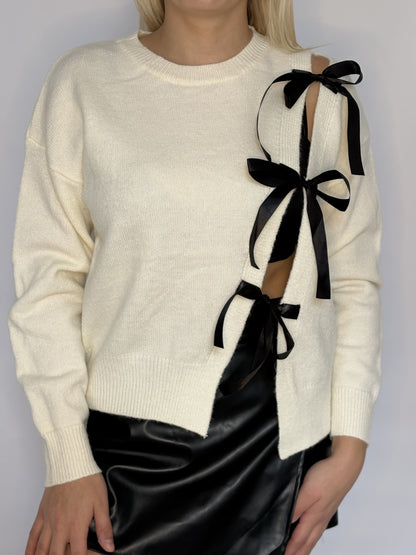 Asymmetrical Coquette Bow Knit Sweater