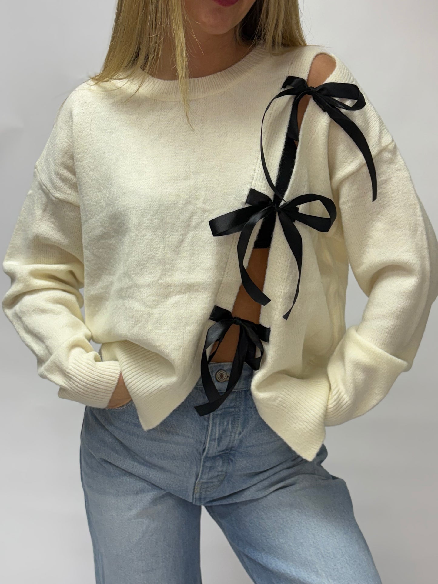 Asymmetrical Coquette Bow Knit Sweater