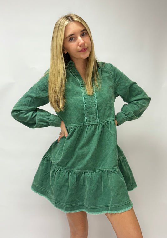 Mineral Wash Corduroy Tiered Dress