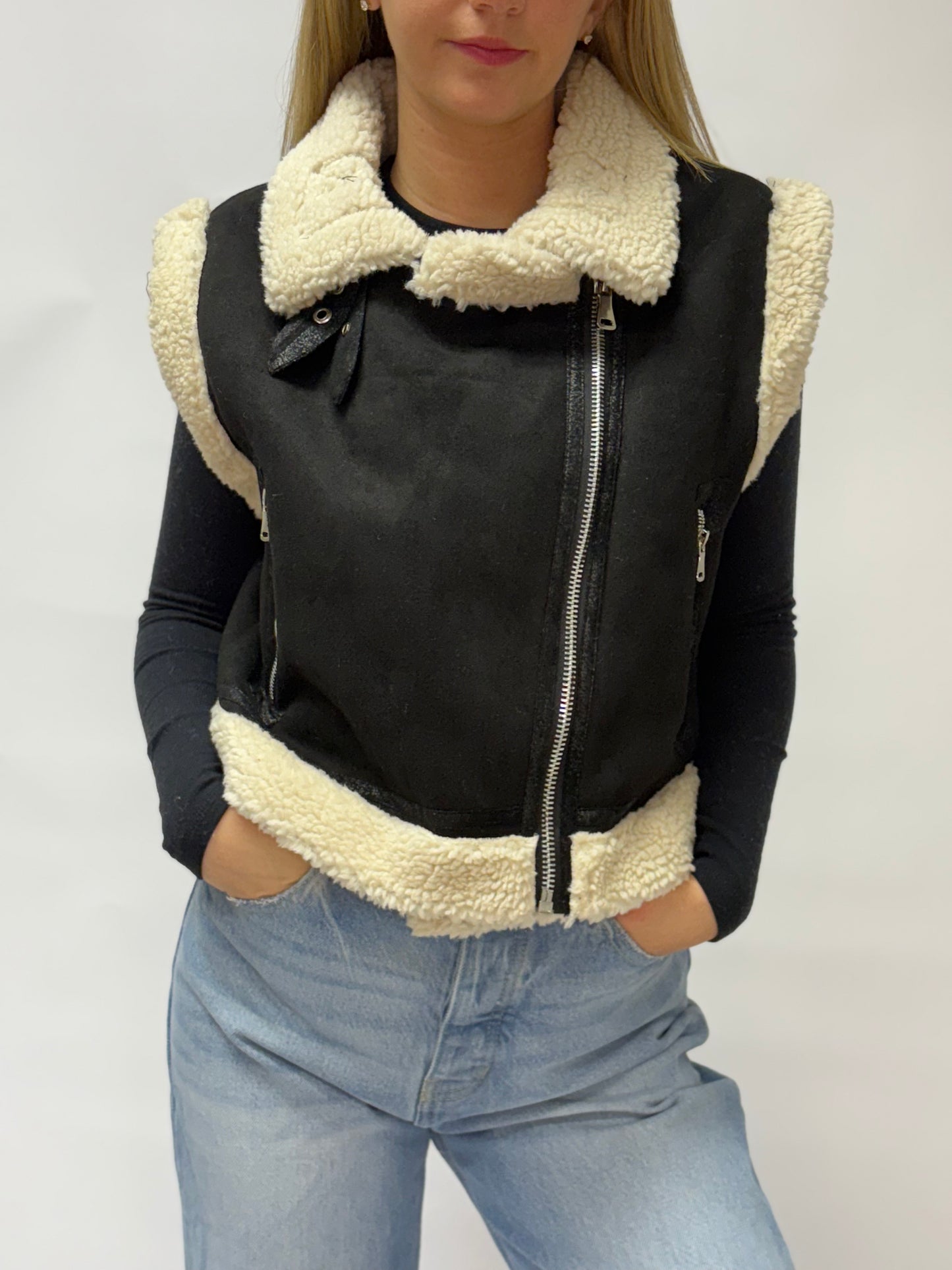 Black Suede Sherpa Vest Jacket